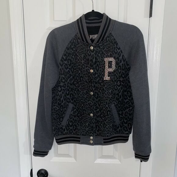 Victorias Secret Pink Rhinestone Varsity Jacket Black Leopard Print Small - Picture 1 of 5